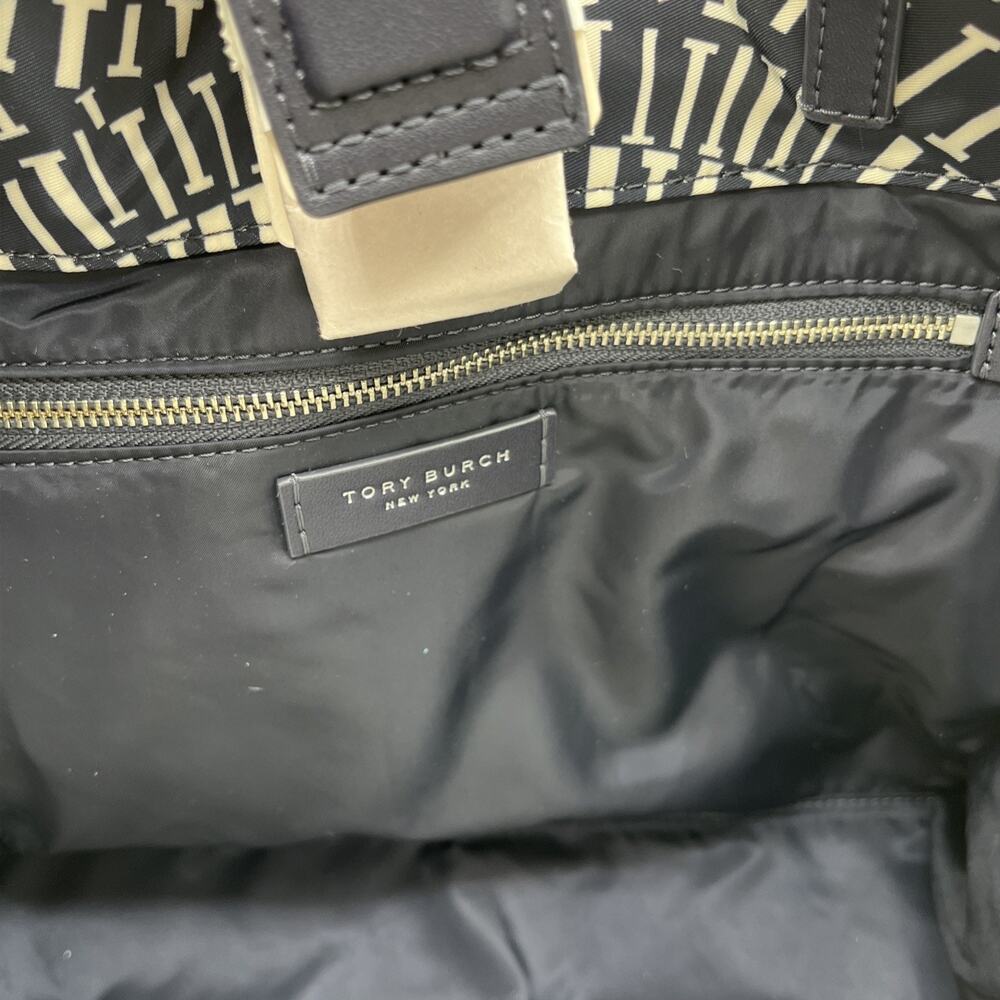 Tory Burch Ella Printed Tote Bag Navy Blue Beige Circles Gingham Nylon Leather - Picture 10 of 12